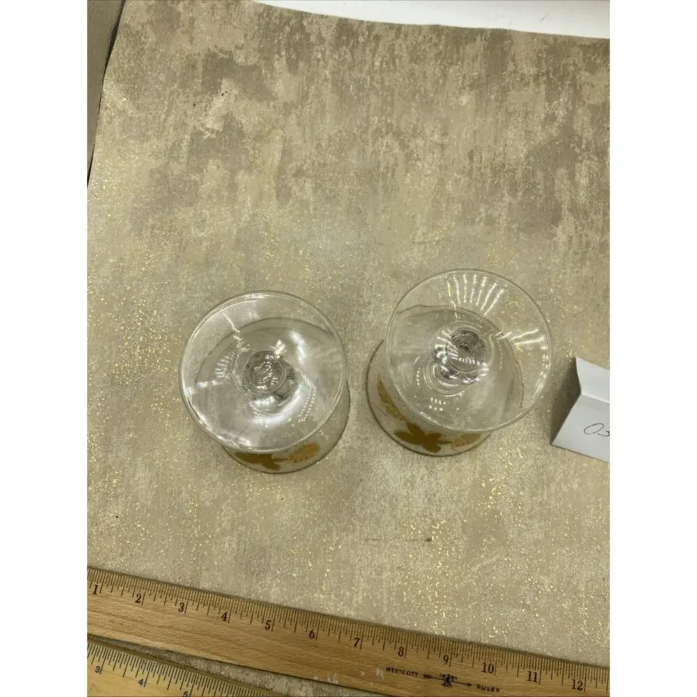 2-Vintage Libbey Golden Foliage Cordial Goblets Bar Glasses Wine Champagne